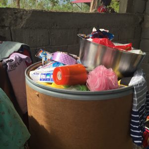 Barrel of house goods waiting to be unloaded.